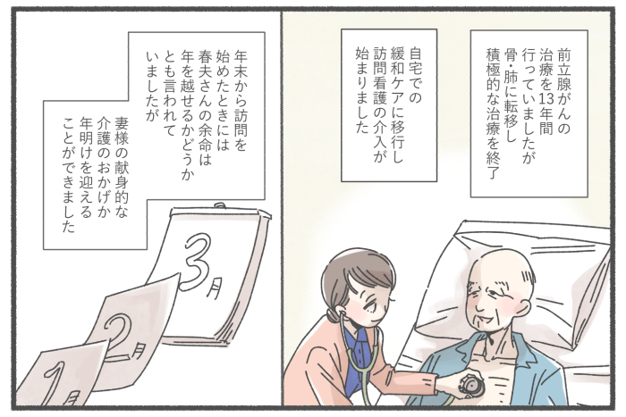2コマ目:がんを患うお客様が、訪問看護の介入と配偶者様の介護を受けている。